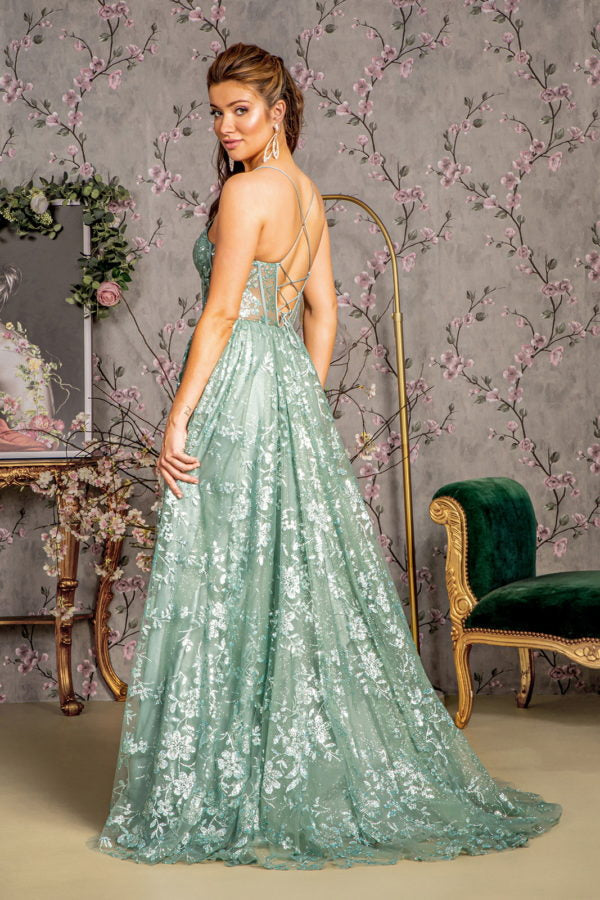 Sequin Illusion Sweetheart Sheer Bodice Mesh A-line Dress
