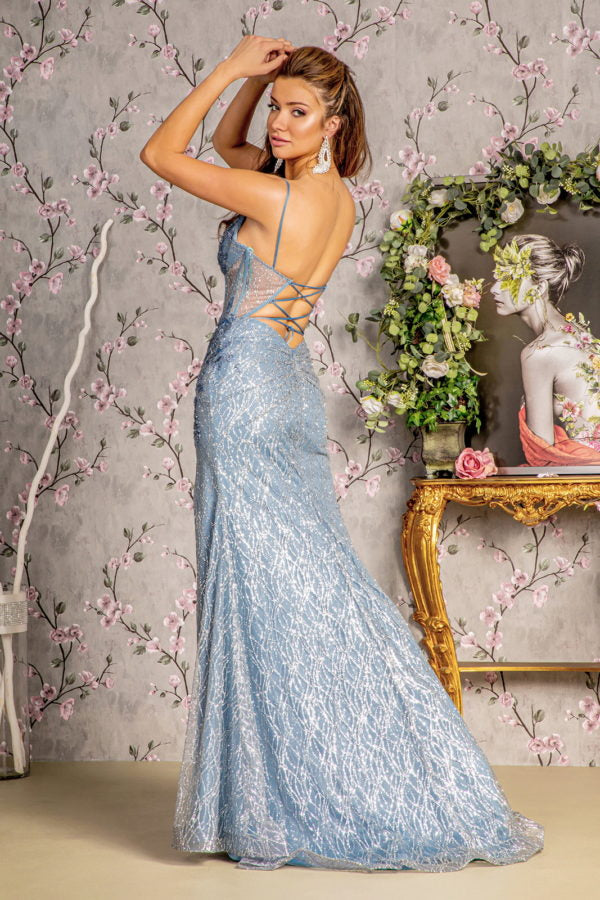 Jewel Bead Sheer Bodice Ruched Back Mesh Mermaid Dress