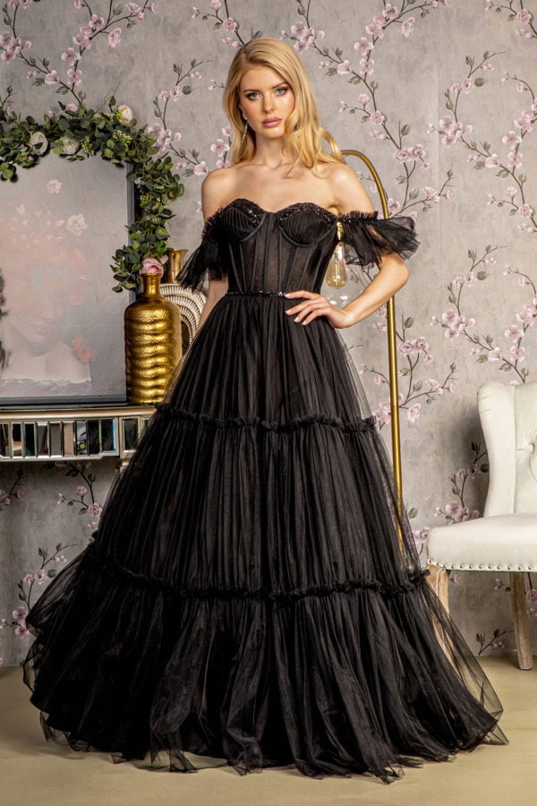 Sequin Bead Sheer Bodice Off Shoulder Mesh A-line Dress