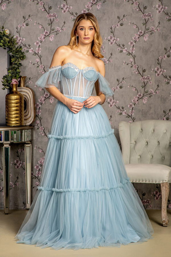Sequin Bead Sheer Bodice Off Shoulder Mesh A-line Dress