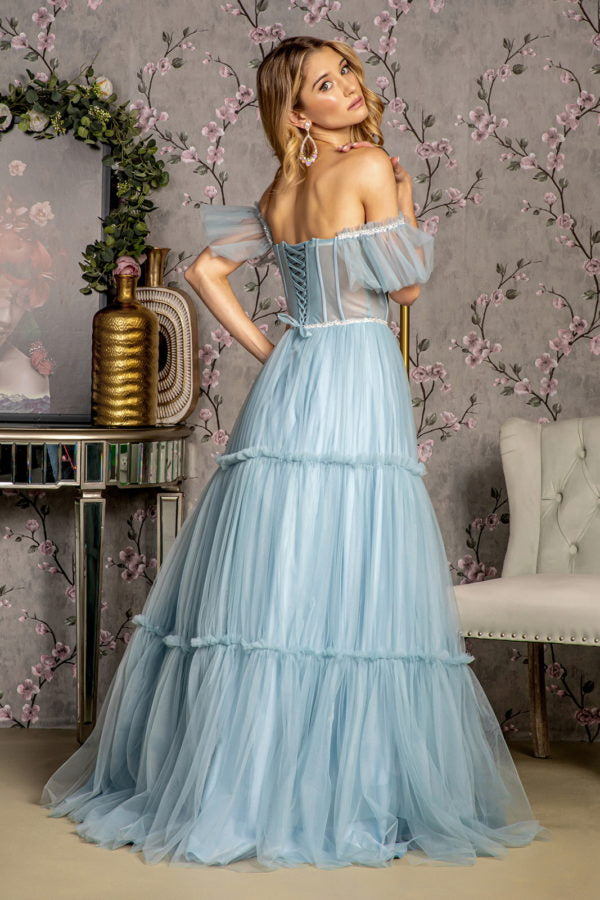 Sequin Bead Sheer Bodice Off Shoulder Mesh A-line Dress