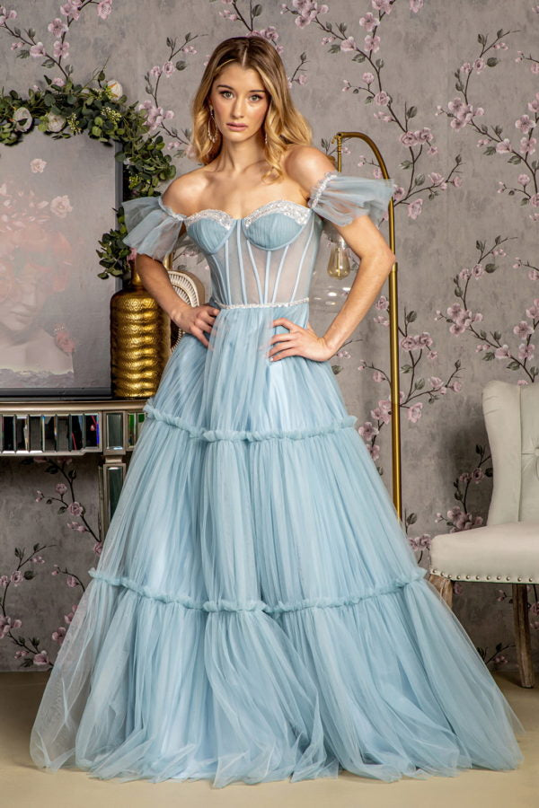 Sequin Bead Sheer Bodice Off Shoulder Mesh A-line Dress