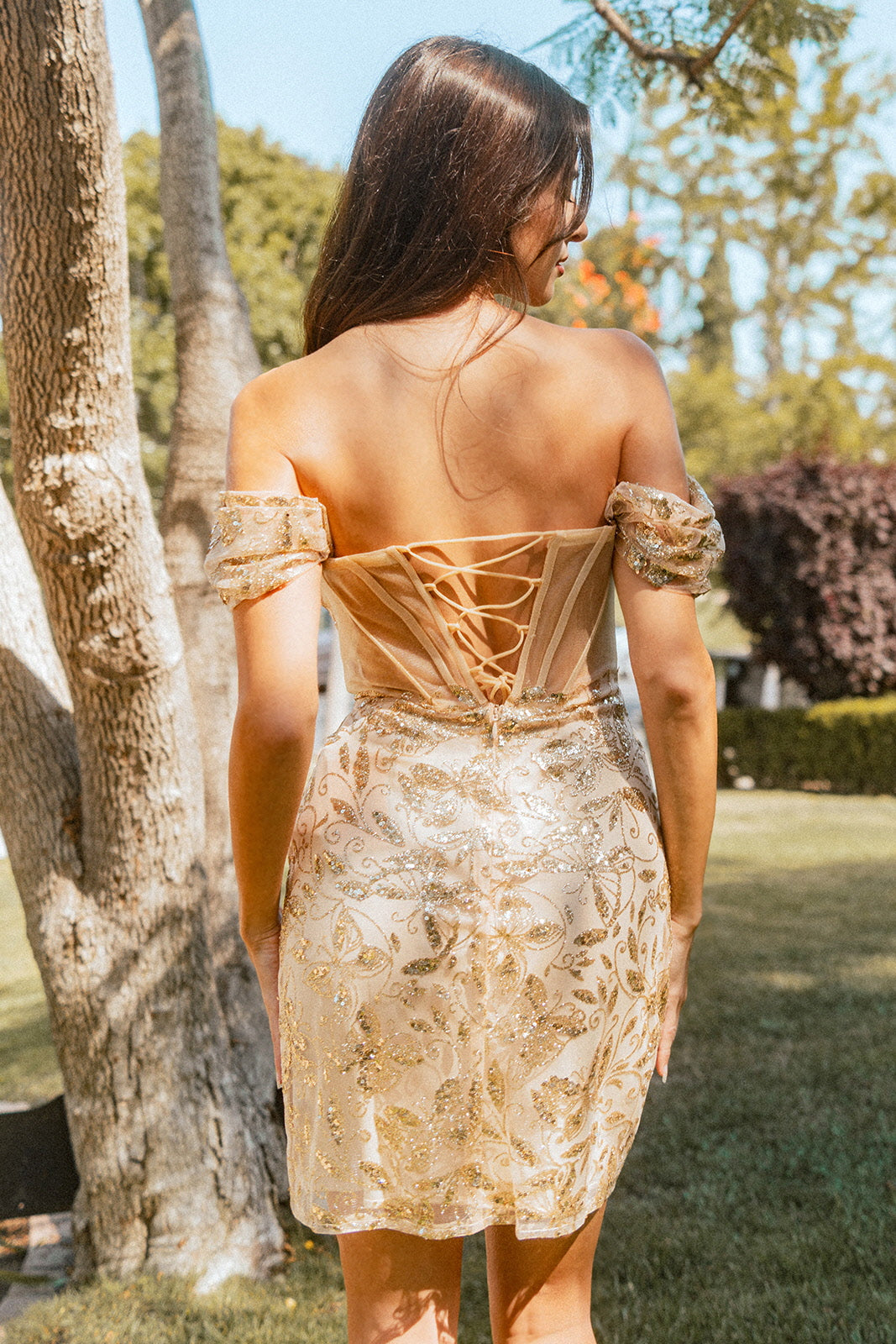 Glitter Pattern Mesh Sheer Bodice Homecoming Bodycon Dress