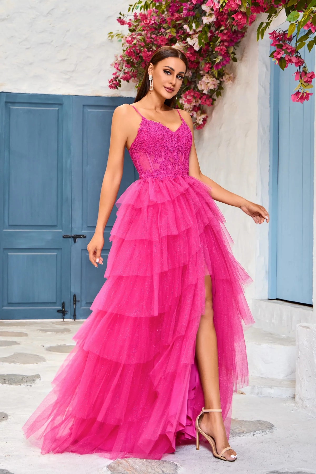 Beaded Lace A-Line Prom Dress with Spaghetti Straps and Leg Slit