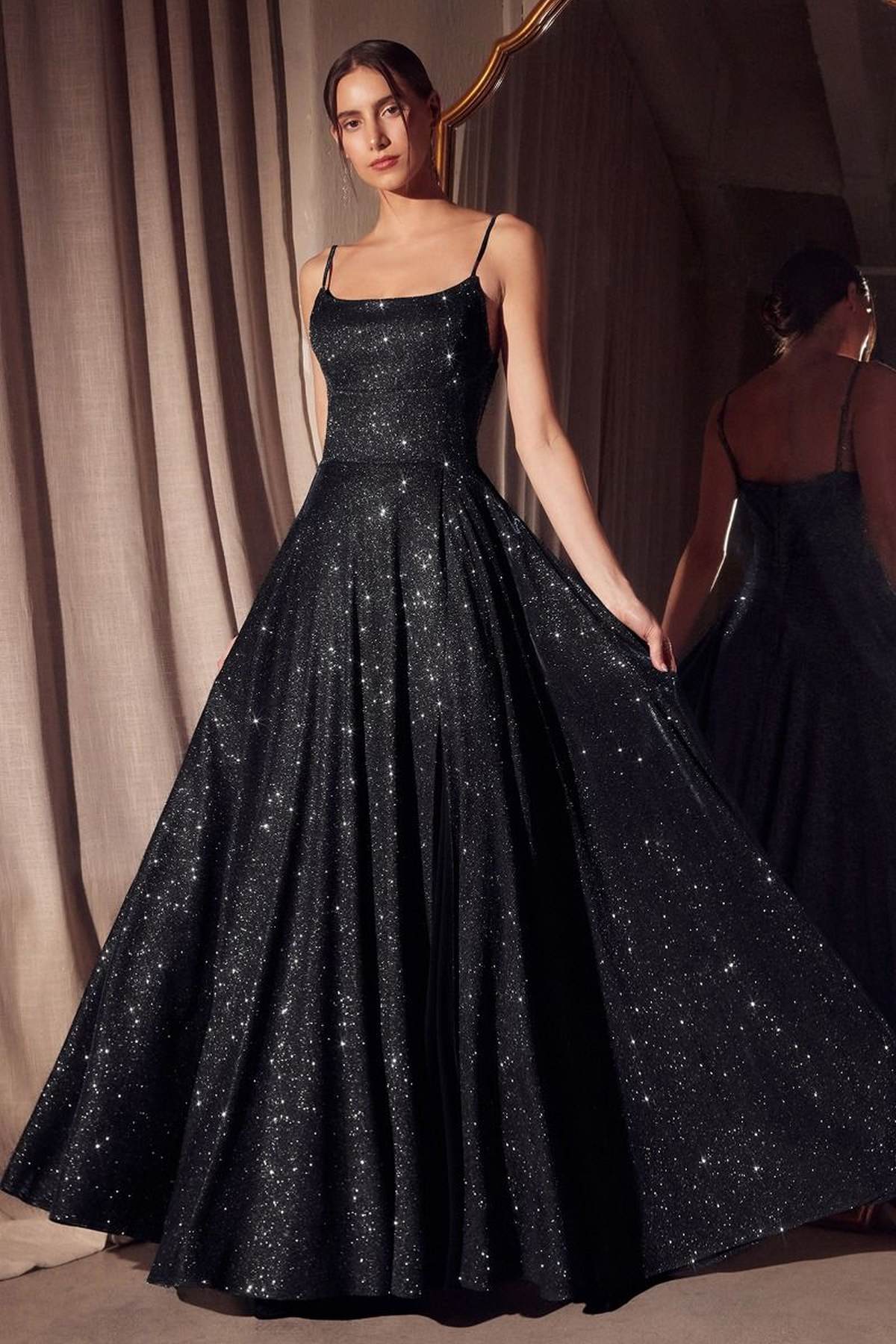 Sleeveless Spaghetti Strap A-Line Glitter Gown