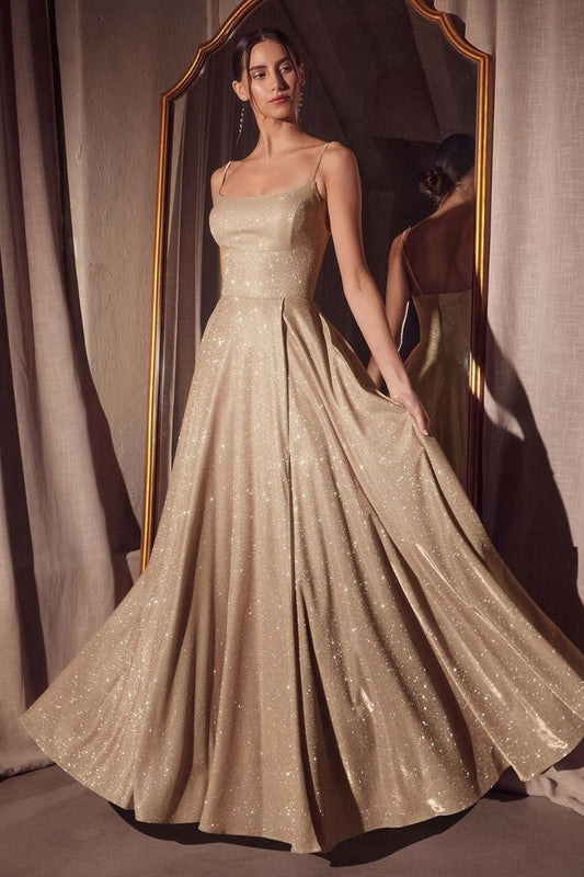 Sleeveless Spaghetti Strap A-Line Glitter Gown