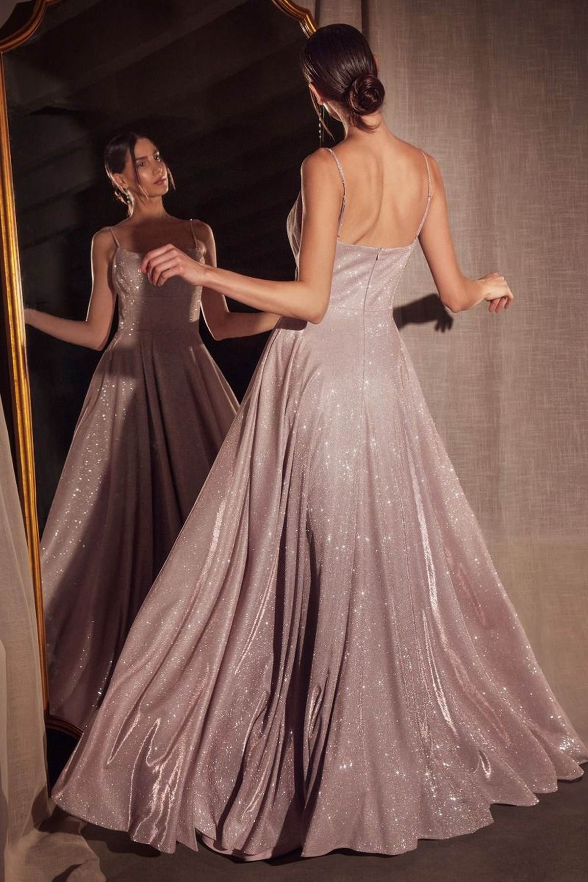 Sleeveless Spaghetti Strap A-Line Glitter Gown