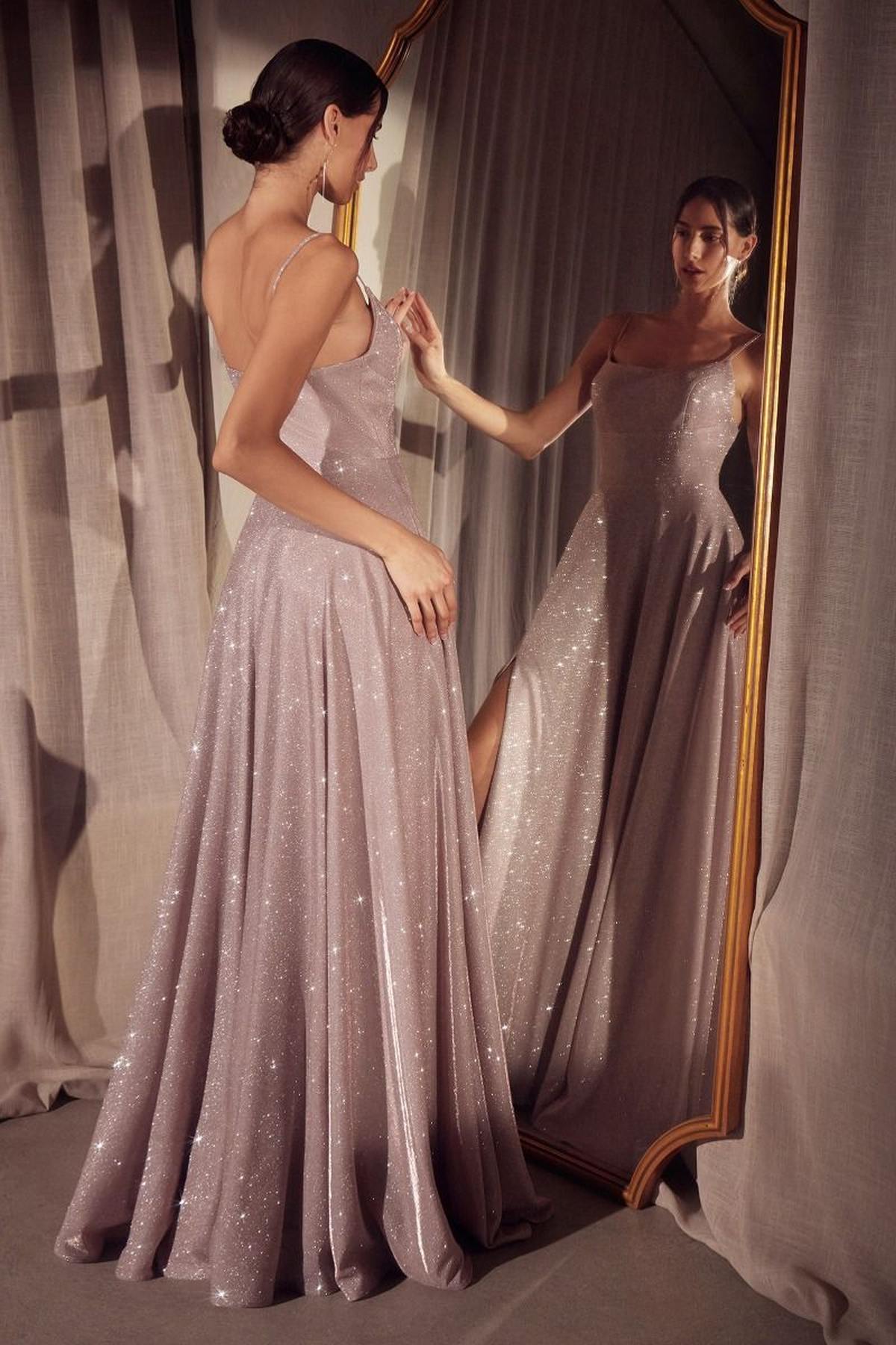 Sleeveless Spaghetti Strap A-Line Glitter Gown