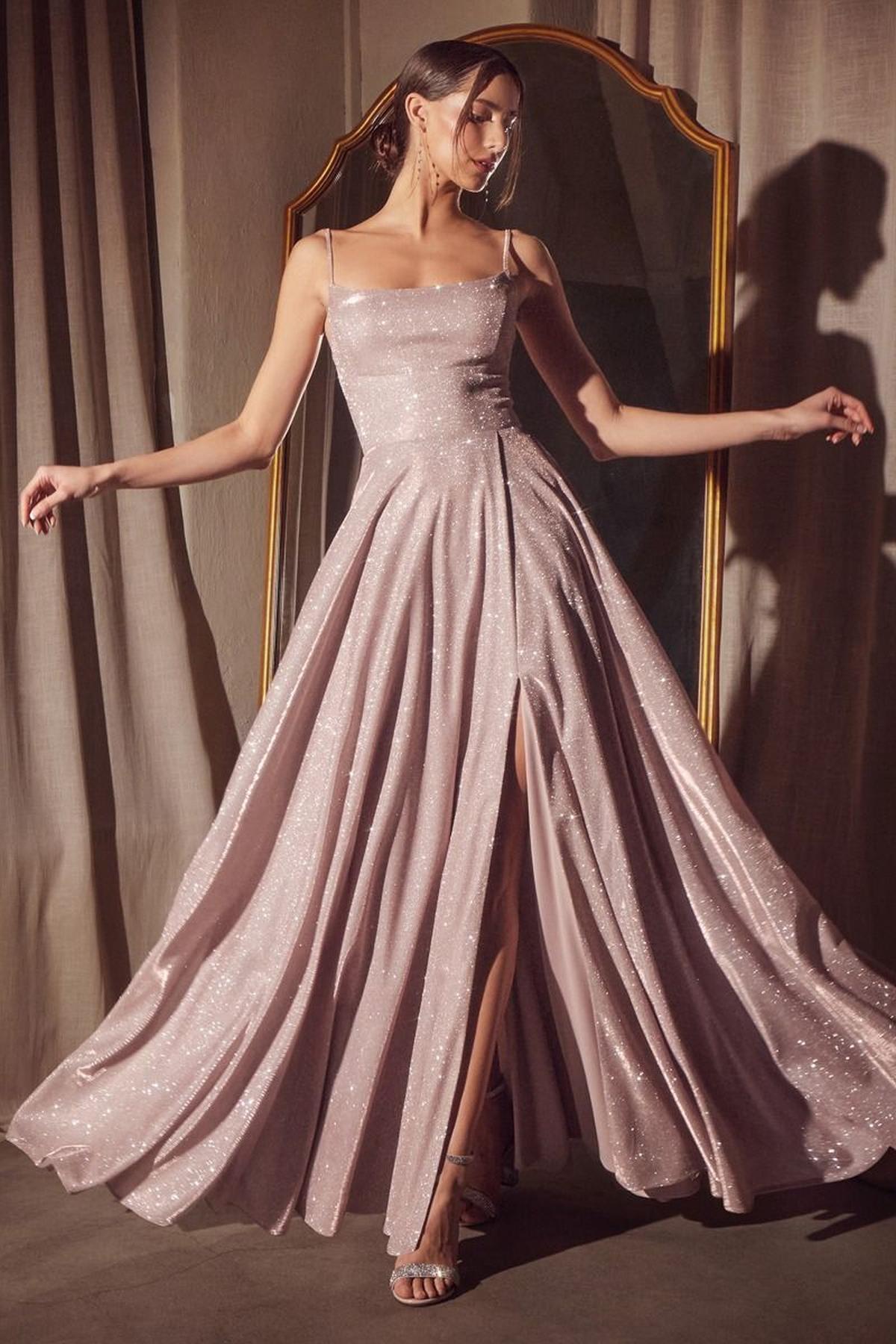 Sleeveless Spaghetti Strap A-Line Glitter Gown