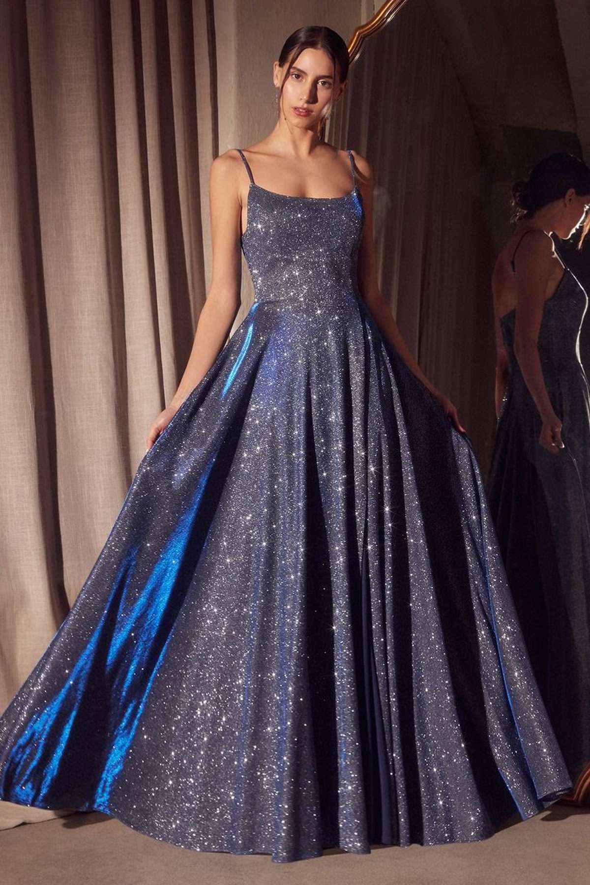 Sleeveless Spaghetti Strap A-Line Glitter Gown