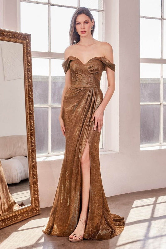 Off Shoulder Sweetheart Neck Metallic Prom Gown
