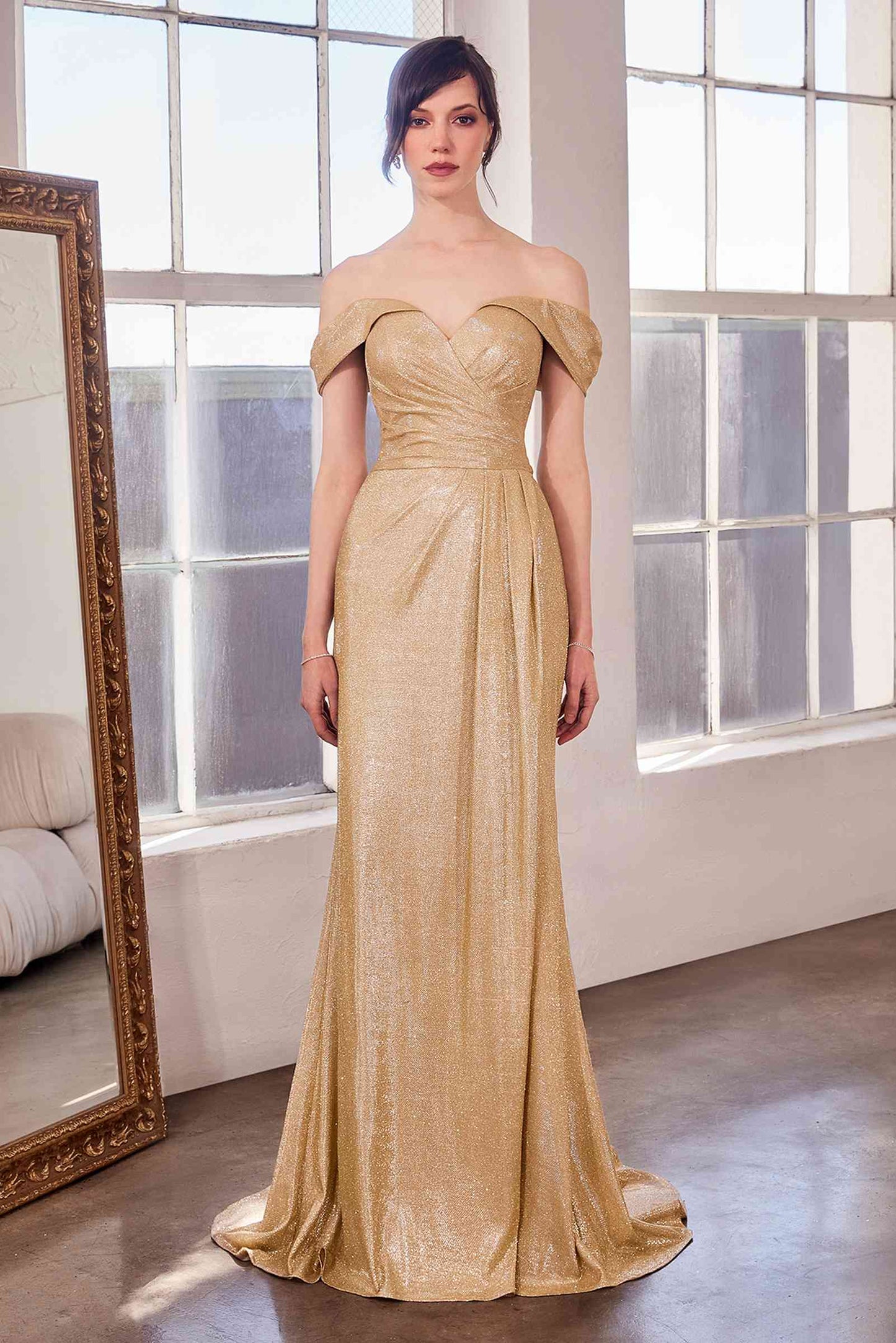 Off Shoulder Sweetheart Neck Metallic Prom Gown