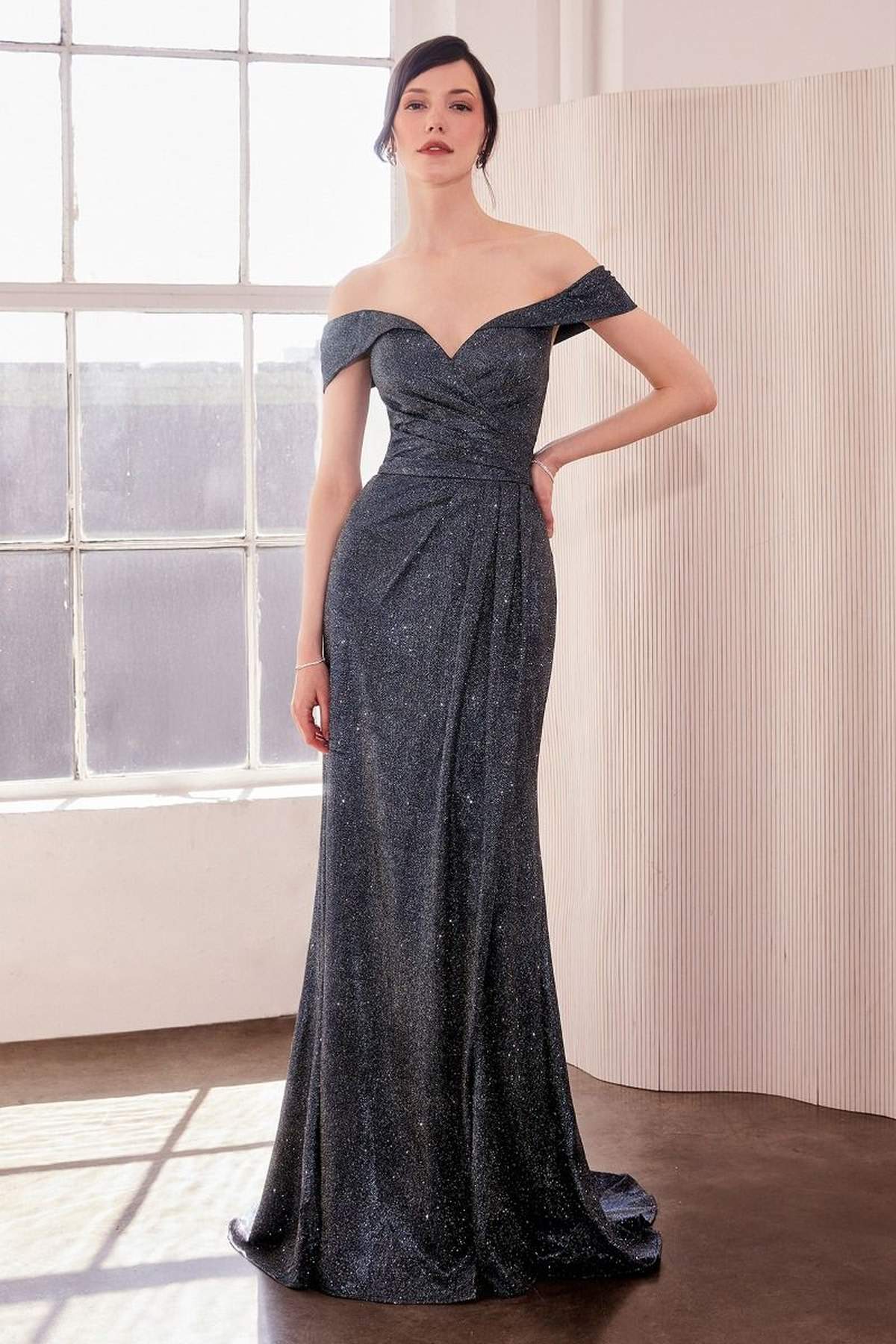Off Shoulder Sweetheart Neck Metallic Prom Gown