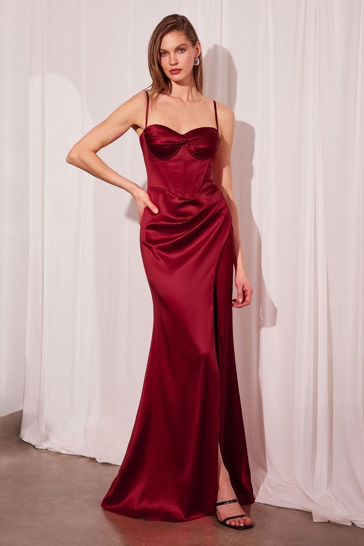 Long Fitted Satin Prom Gown Corset Bodice Slit