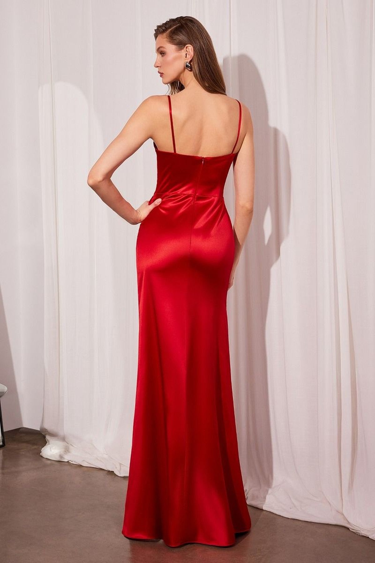 Long Fitted Satin Prom Gown Corset Bodice Slit