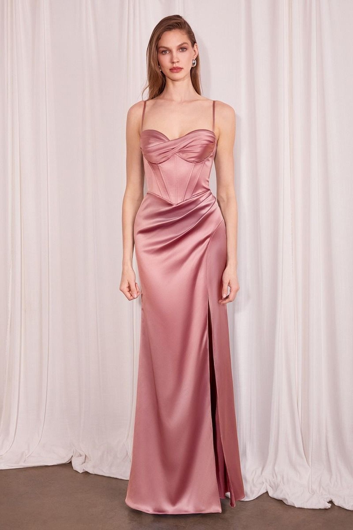 Long Fitted Satin Prom Gown Corset Bodice Slit