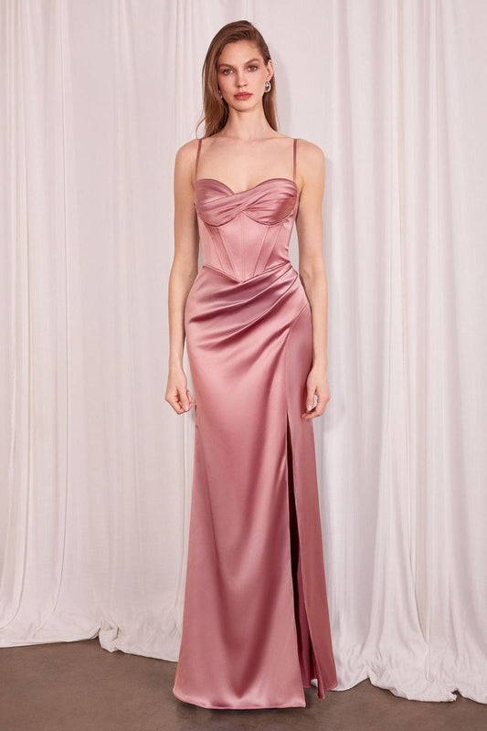 Long Fitted Satin Prom Gown Corset Bodice Slit