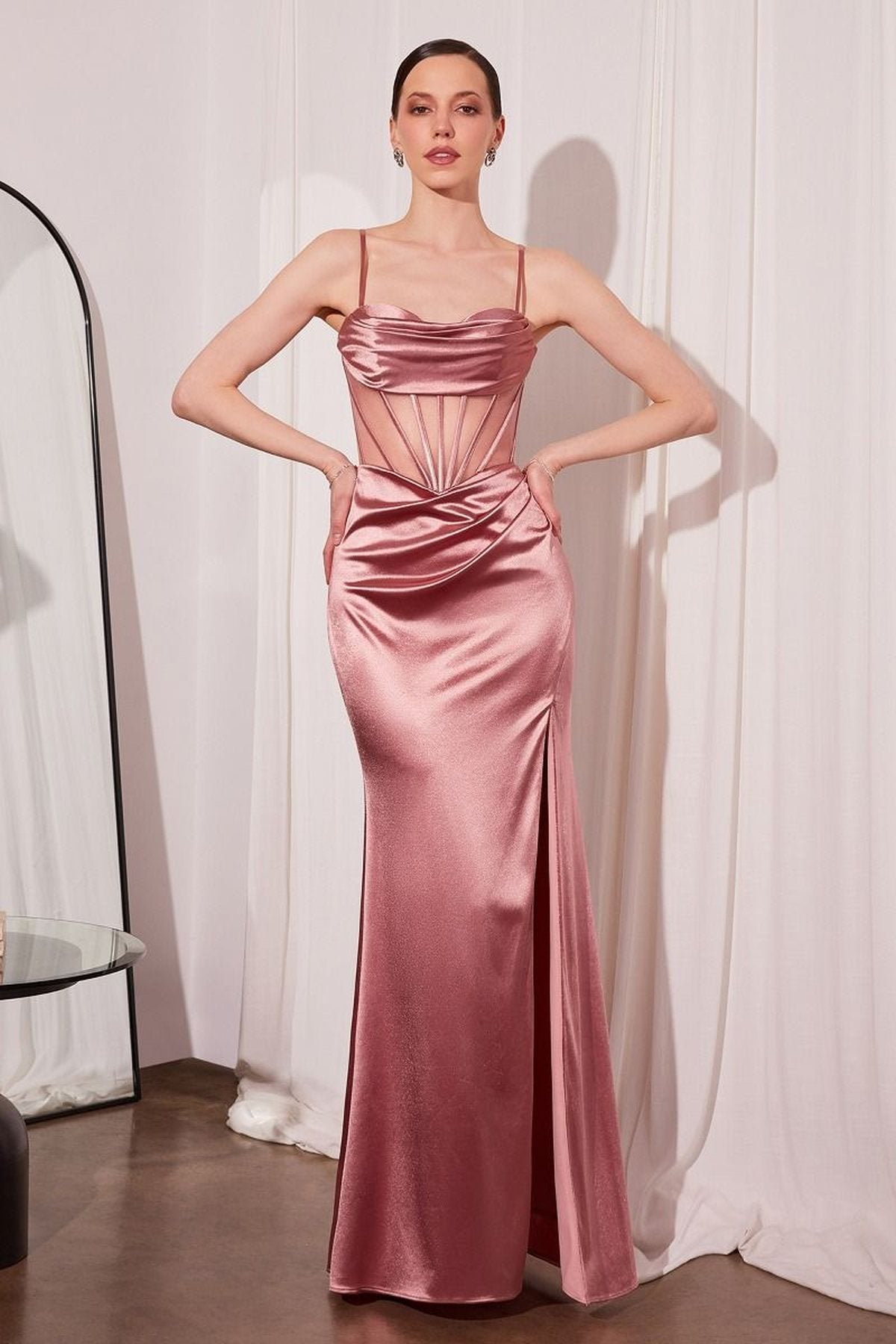Long Fitted Sheer Bodice Cowl Neck Satin Dress